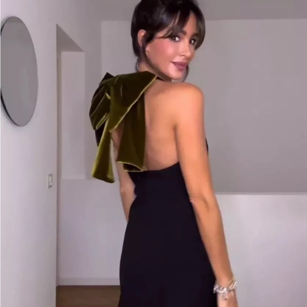 ZARA Velvet Maxi Bow Mini Dress w/Open Back Green/Black